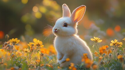 Adorable White Bunny in a Field of Yellow Flowers
