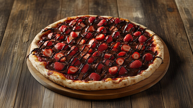 pizza brasileira doce de chocolate com morangos em cima de uma mesa de madeira
