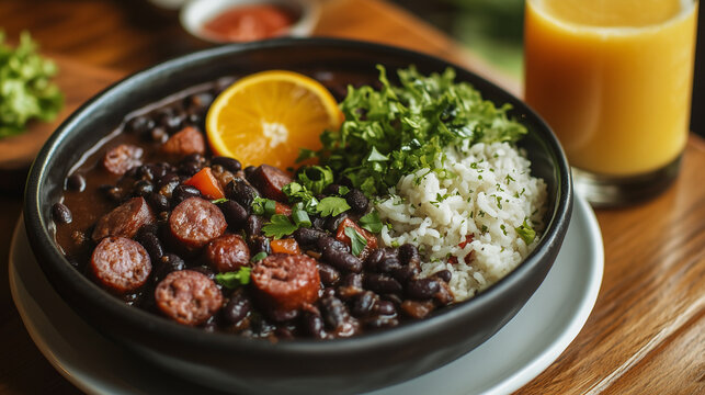 tigela preta com feijoada, arroz, salada e uma rodela de laranja, e um suco de laranja no fundo desfocado