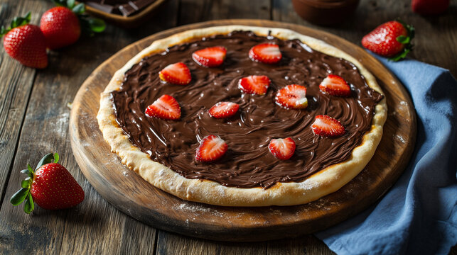 pizza brasileira doce com cobertura de nutella e morangos fatiados