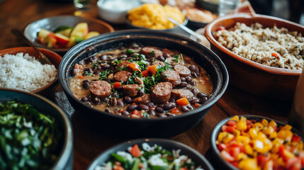 Fototapeta premium mesa completa de almoço com tigela de feijoada