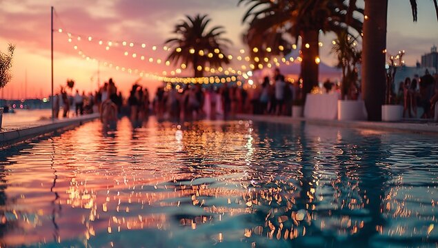 Sunset party vibes by the pool.  Warm colors and string lights create a magical atmosphere.