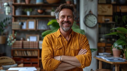 Smiling man with arms crossed in a stylish home office