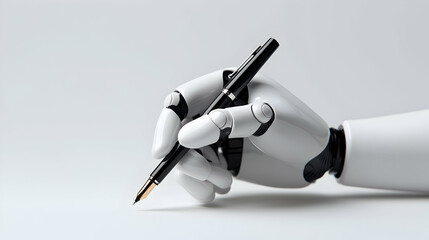 Closeup of a White Robotic Hand Holding a Black Pen Against a White Background