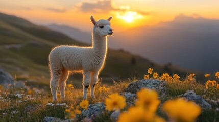 Alpaca at Sunset in the Mountains