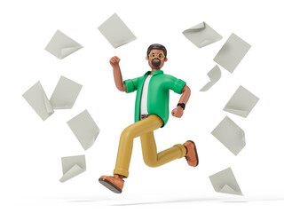Man running amidst flying papers, symbolizing busy work or information overload. 3D rendering, conceptual image. Isolated on white background.