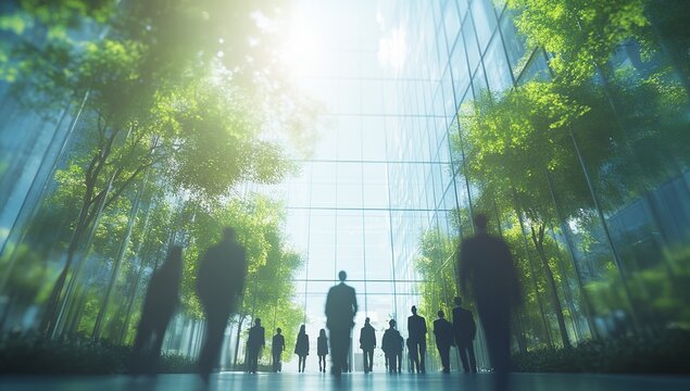 Silhouetted business people walk through a modern building's atrium, surrounded by lush greenery. A bright, sunlit atmosphere.