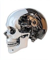 Fototapeta premium Cybernetic skull with organic and mechanical elements smiling towards the left