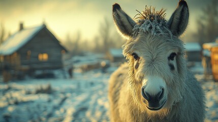 Fototapeta premium Winter Donkey Portrait: A Frosty Morning in the Countryside