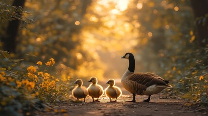 Fototapeta premium Golden Hour Goose Family: A Serene Sunset Stroll