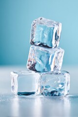 Ice cubes stacked on a surface with a soft blue background, showcasing their clarity and texture, perfect for refreshing drinks and summer beverages, ice concept
