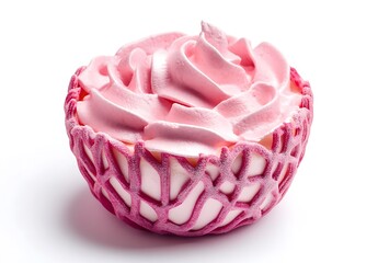 Pink Whipped Cream Dessert in Decorative Bowl with Intricate Design on White Background