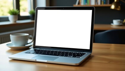 Fototapeta premium A sleek laptop with a blank screen sits on a wooden desk next to a cup of coffee, table, blank, workspace