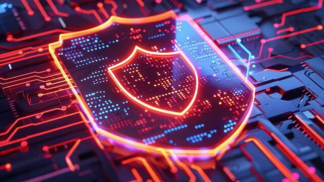 Vibrant Digital Shield Symbol of Cybersecurity and Protection in Technology, Illuminated by Neon Colors and Surrounded by Intricate Circuit Designs.