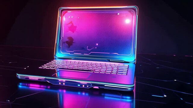 Futuristic glowing laptop on a digital background with vibrant colors and abstract patterns