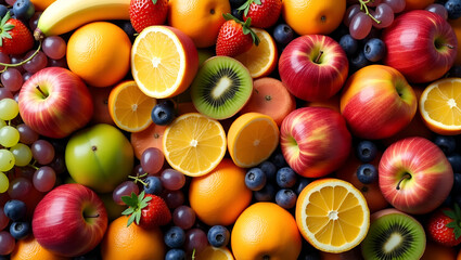 Close-Up Flat Lay of Fresh Fruits Filling Entire Background