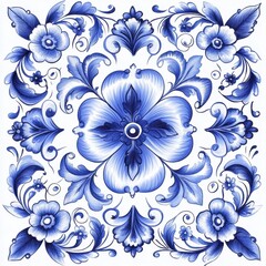 Digital Hand-Painted Portuguese Azulejo Tile with Intricate Blue and White Traditional Floral Pattern, Mediterranean Ceramic Art for Home Decor, Vintage European Style Majolica
