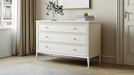 White Dresser With Gold Hardware In A Modern Bedroom