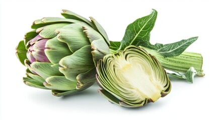 a hyper-detailed centered composition of a fresh artichoke, with green leaves 