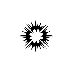 Abstract black and white graphic featuring a spiky starburst design with a central flower shape