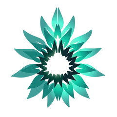 Abstract floral design featuring layered teal leaves forming a circular pattern on a white background