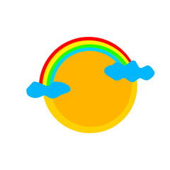 Bright and colorful illustration of a sun with a rainbow and fluffy clouds in a clear sky