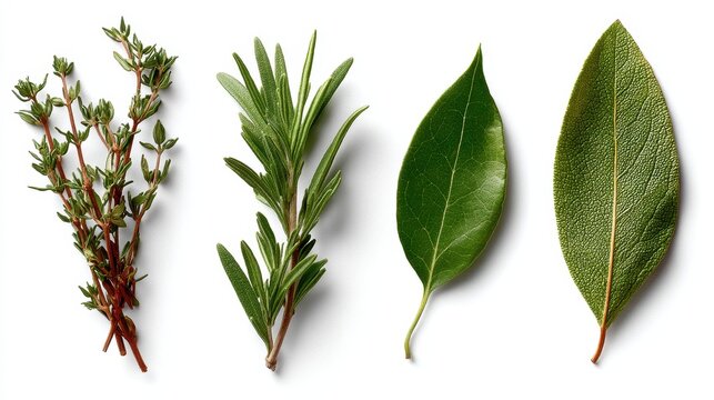 Lateral side view of classic European spices like thyme, rosemary, and bay leaves, isolated on a white background, showcasing their natural colors and textures in a fresh, clean shot.