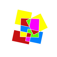 Colorful geometric shapes overlapping in a vibrant abstract design with a playful artistic flair