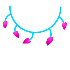 Colorful heart-shaped decorations hanging from a circular frame against a bright background