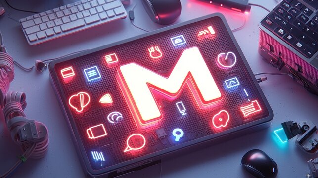 Neon M Logo with Surrounding App Icons on a Tablet