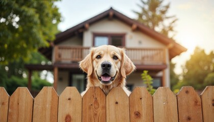 Happy Golden retriever dog picking out the wooden fence  