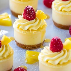 A close-up of elegant, mini no-bake pineapple mousse cheesecakes, arranged neatly on a plate.