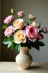 Obraz premium A stunning cottage style flower arrangement in a beige vase, style, floral, vase