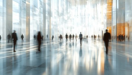 Motion blur effect captures diverse business people moving through a modern glass building's bright, spacious interior.