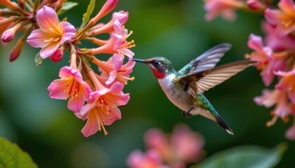 A hummingbird hovers near a vibrant cluster of honeysuckle flowers. The bird's iridescent feathers shimmer in the light as it sips nectar from the blossoms