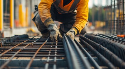 A construction site worker securing rebar for concrete pouring. Featuring organization and precision