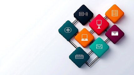 Colorful diamond shape comprised of cubes. Cubes have assorted graphics and colors on a white background