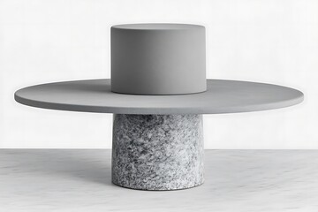 Minimalist display stand with grey cylinder and marble pedestal element