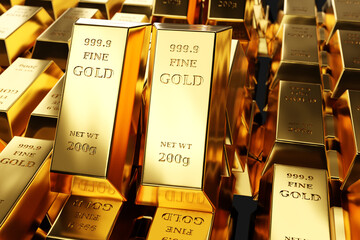 Rising gold prices. Money in hands of man. Gold bars with growing charts. Increase in cost of...