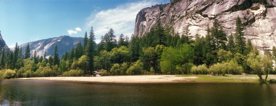 Panoramic view of Mirror Lake in Yosemite National Park, Mariposa County, California, USA.