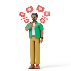Man on phone surrounded by heart symbols, symbolizing social media likes and approval. 3D rendering, conceptual image. Isolated on white background.
