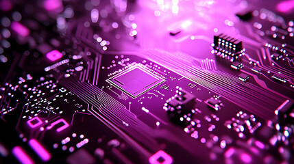 Obraz premium Close Up Circuit Board With Glowing Purple Components