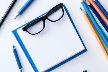 Blank notebook with glasses and pencils