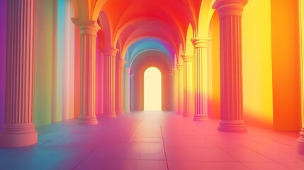 Vibrant Abstract Hallway with Colorful Arches and Light Illuminating the Entrance