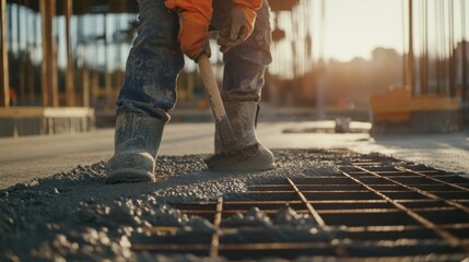 A construction site worker smoothing concrete for floor installation. Featuring finishing work and construction techniques