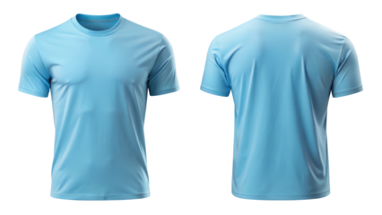 sky blue t shirt round neck front and back side template isolated on transparent white background, clipping path