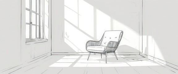  Minimalist Line Art Captures the Essence of a Bohemian Armchair in a Bright and Airy Sunlit Room