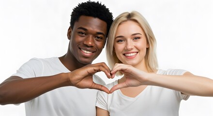 Diverse couple expressing love with a heart-shaped hand gesture. Symbolizing unity and affection, promoting positive relationships.
