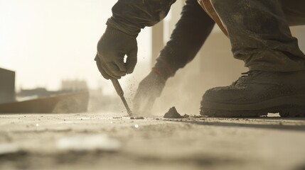 A construction site worker testing concrete for curing strength. Featuring precision and testing