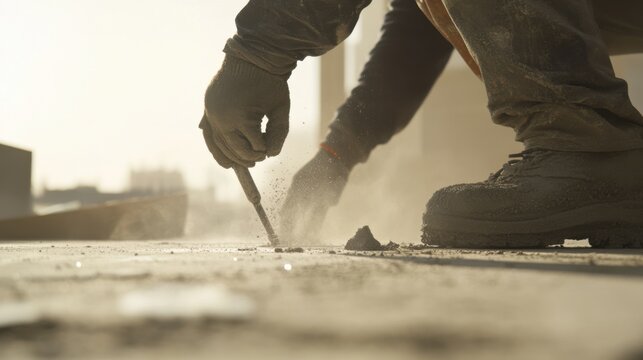 A construction site worker testing concrete for curing strength. Featuring precision and testing